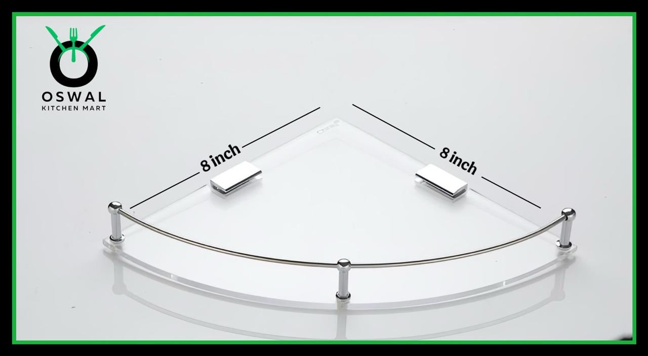 Chirag 8x8 Inch Clear Acrylic Corner Shelf with Stainless Steel Railing – Pack of 1