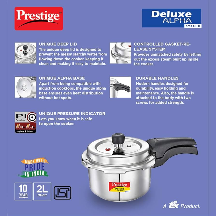 Prestige Svachh Deluxe Alpha 2 Litre Stainless Steel Outer Lid Pressure Cooker, 2 Litre