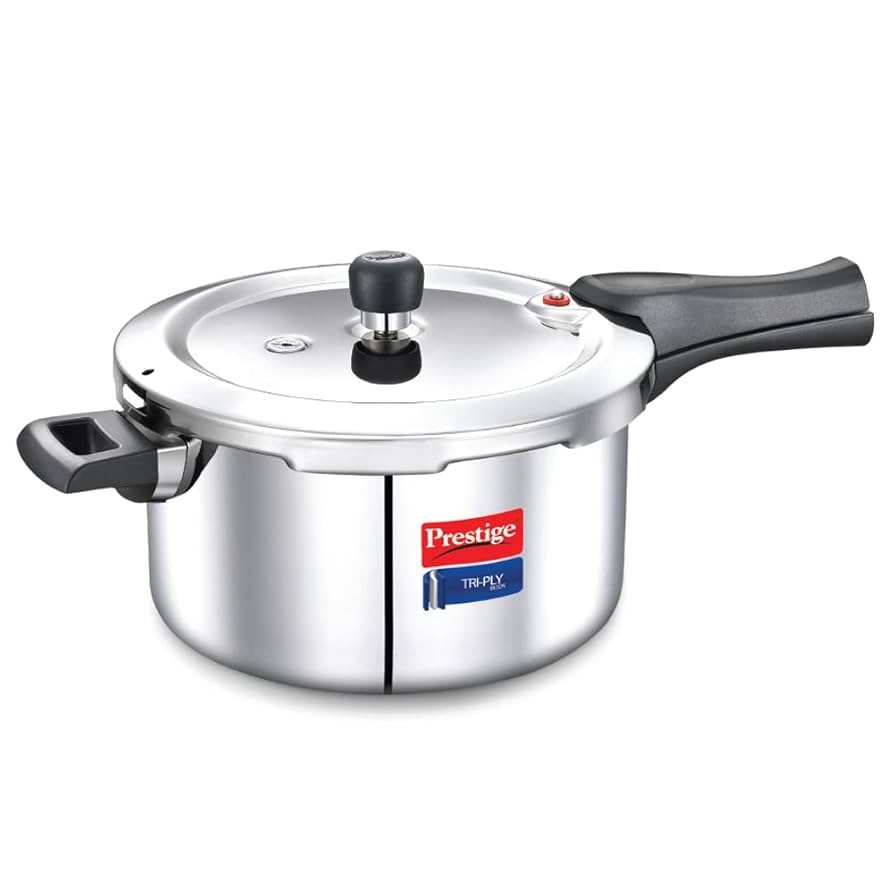Prestige Svachh Triply Outer Lid Pressure Cooker with Unique Deep Lid for Spillage Control, 5 Litre, 304 Stainless Steel Inner Surface, Thick Gauge, 5 litre