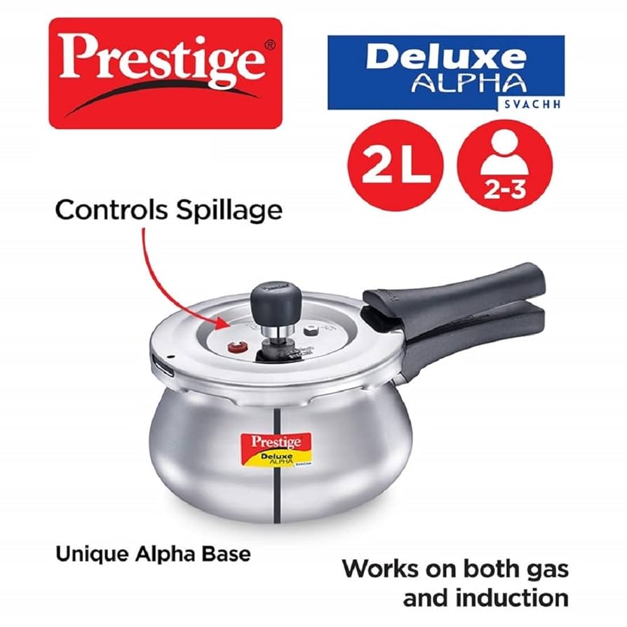 Prestige Svachh,2 L, Alpha Baby Pressure Cooker, With Deep Lid For Spillage Control, Stainless Steel, Outer Lid, 2 Litres