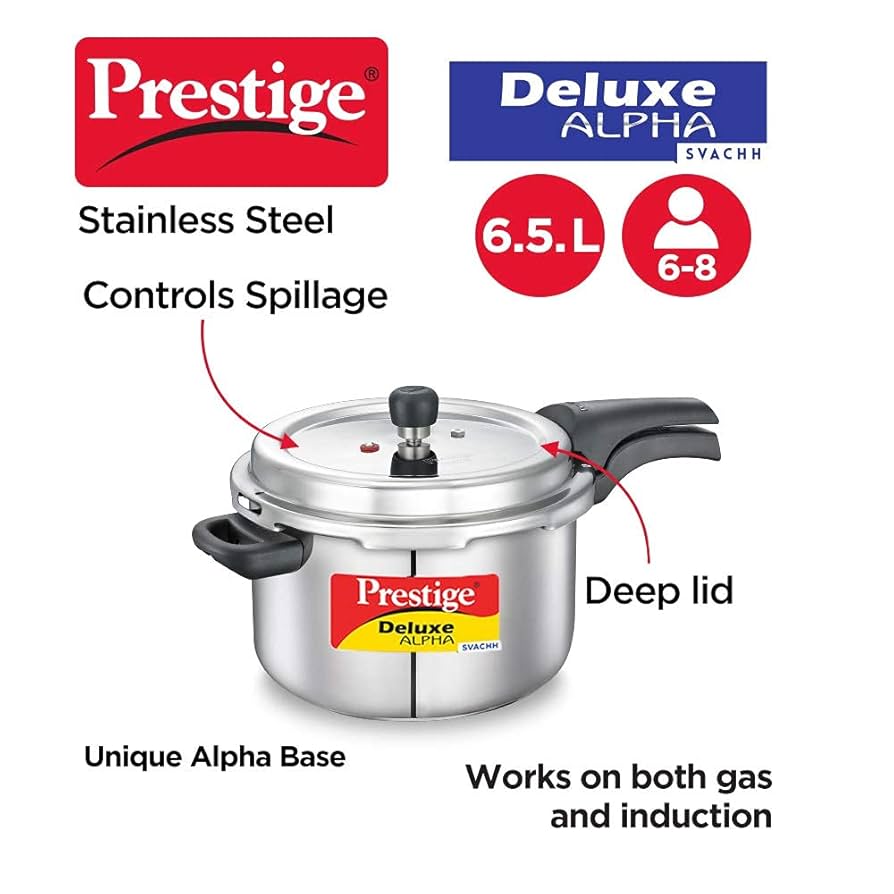 Prestige 6.5 Litres Deluxe Alpha Svachh Induction Base Outer Lid Stainless Steel Pressure Cooker | Deep lid controls spillage