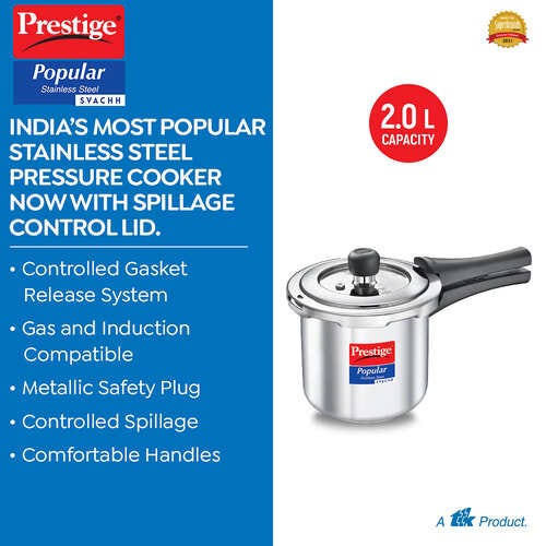 Prestige 2L Popular Svachh Stainless Steel Outer Lid Pressure Cooker , 2 Litres