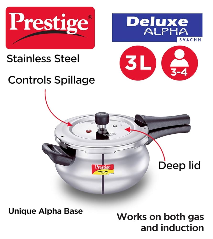 Prestige Svachh Deluxe Alpha Mini Pressure Cooker,With Deep Lid For Spillage Control,3 Litre,Stainless steel,Outer Lid