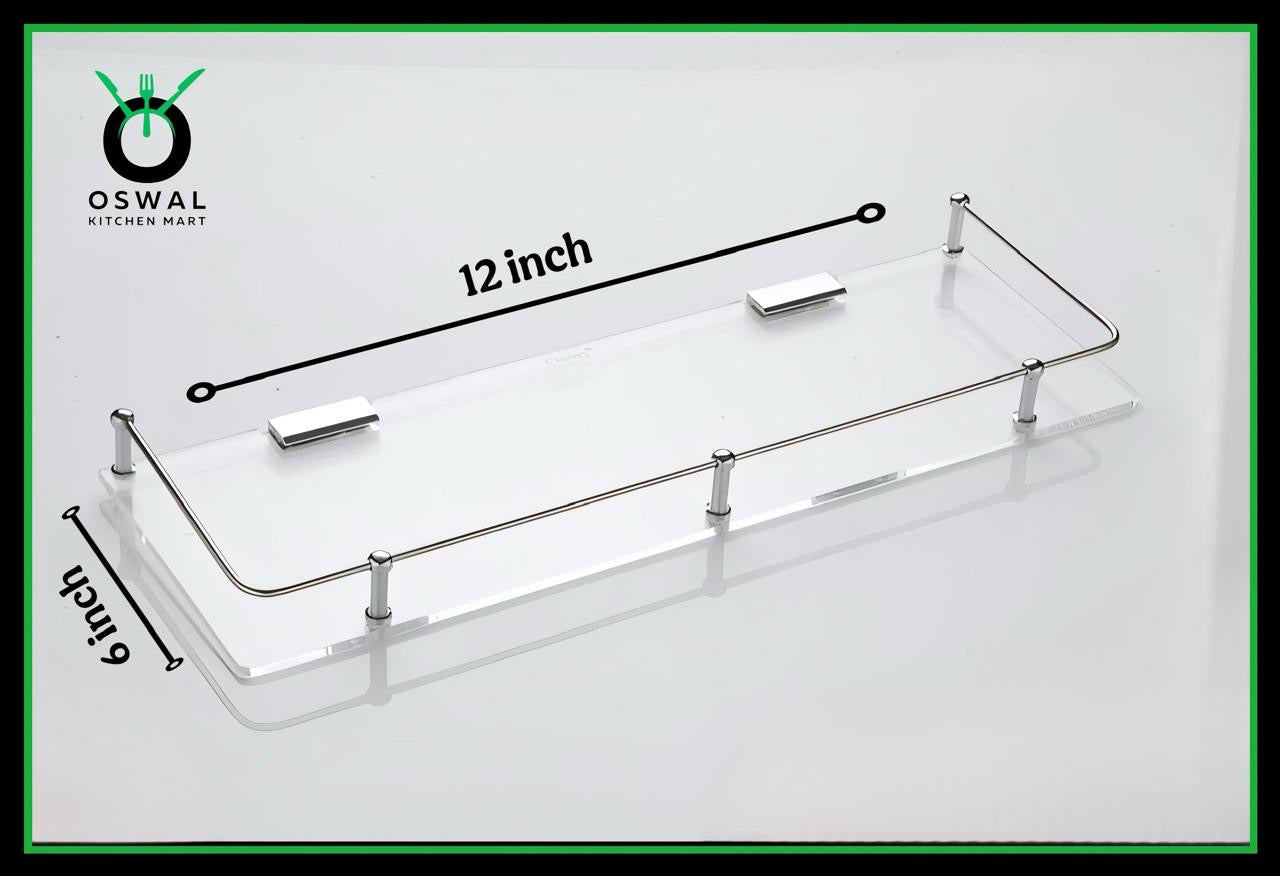 Chirag 12x6 Inch Clear Acrylic Shelf with Stainless Steel Railing – Pack of 1