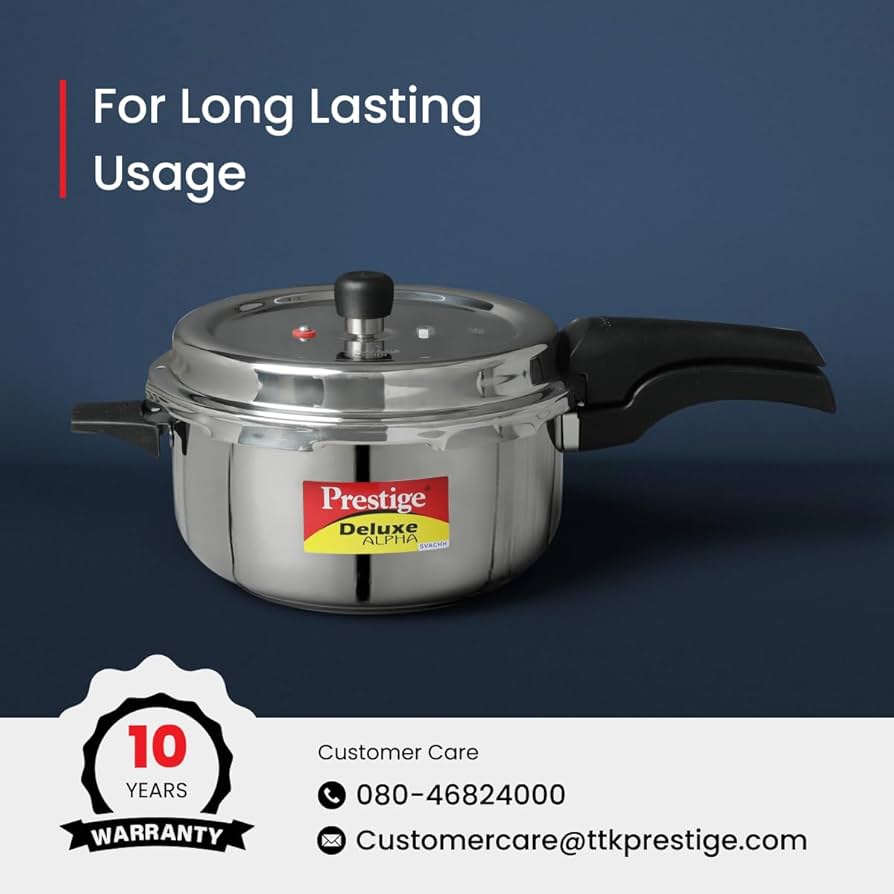 Prestige 5L Deluxe Alpha Svachh stainless steel Pressure Cooker|Outer lid|Ideal for 5-7 persons|Deep lid for spillage control|Gas & induction compatible