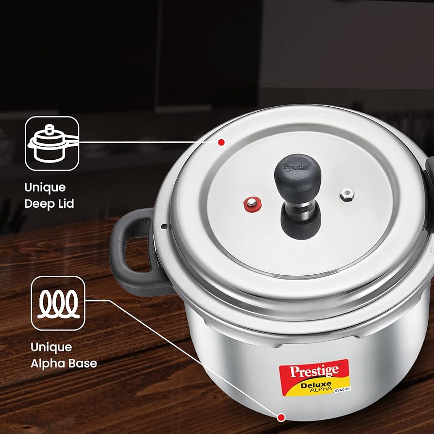 Prestige 4 Litres Svachh Deluxe Alpha Induction Base Outer Lid Stainless Steel Pressure Cooker | Deep lid controls spillage