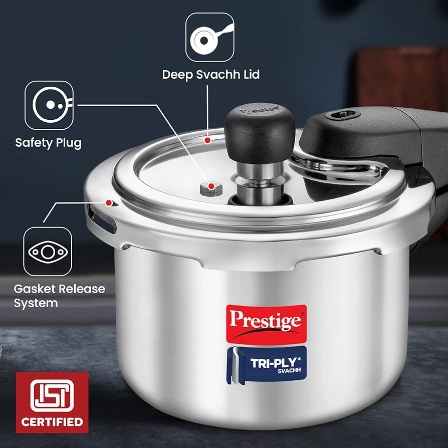 Prestige Svachh Triply Outer Lid Pressure Cooker with Unique Deep Lid for Spillage Control, 1.5 Litre, 304 Stainless Steel Inner Surface, Thick Gauge ,1.5 Litre