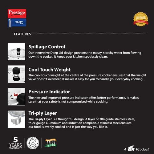 Prestige Svachh Triply Outer Lid Pressure Cooker with Unique Deep Lid for Spillage Control, 5 Litre, 304 Stainless Steel Inner Surface, Thick Gauge, 5 litre