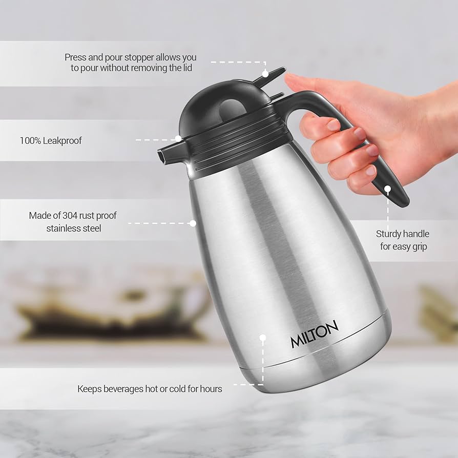 Milton Carafe 1500 Ml Stainless Steel Double Walled Vacuum Insulated Flask with Lid and Handle, 1500 ml, Coffee/Tea Carafe Heat & Cold Retention, Leak Proof, Rust Free, Easy to Carry