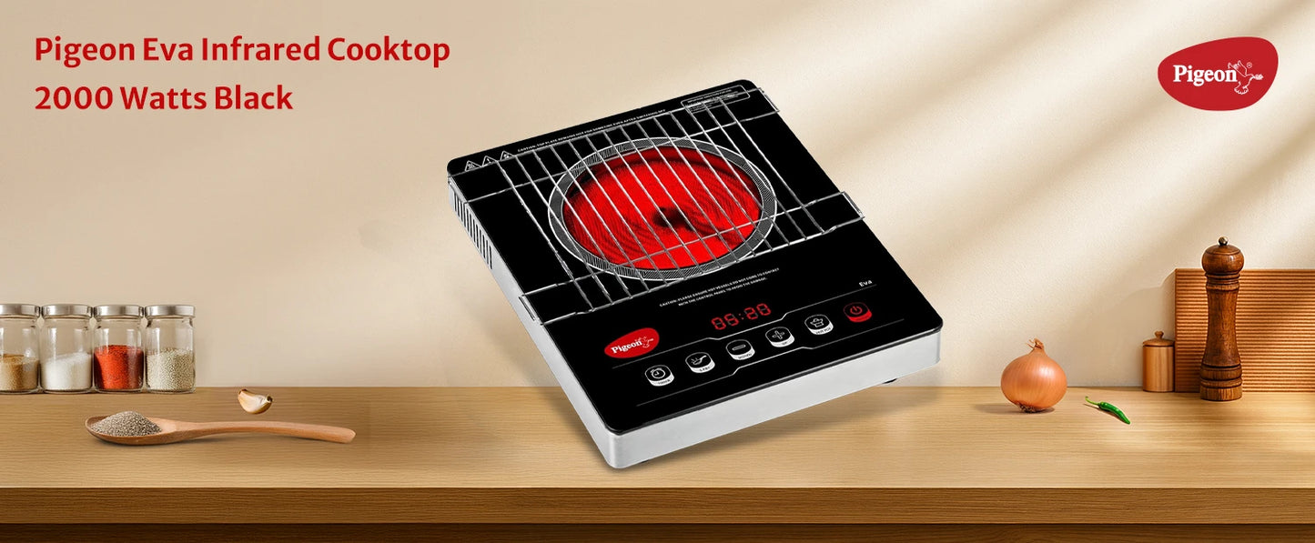 Pigeon EVA Infrared Induction Cooktop 2000W with BBQ Grill | Suitable for Flat Bottom Utensils – Cast Iron, Stainless Steel, Aluminium & Copper