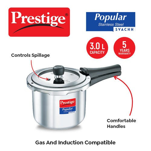 Prestige 3 L Popular Svachh Spillage Control Stainless Steel Pressure Cooker, 3 Litres