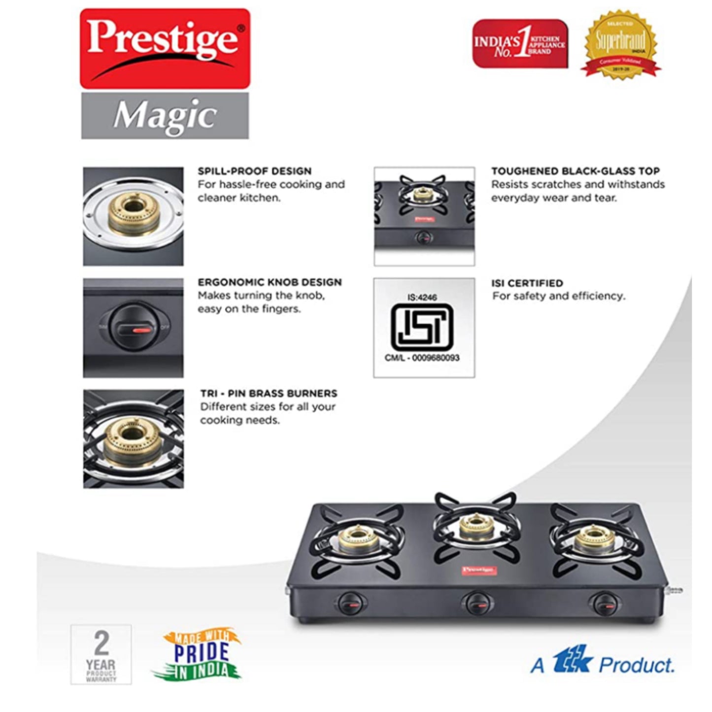 Prestige Magic Toughened Glass Top 3 Brass Burner Gas Stove