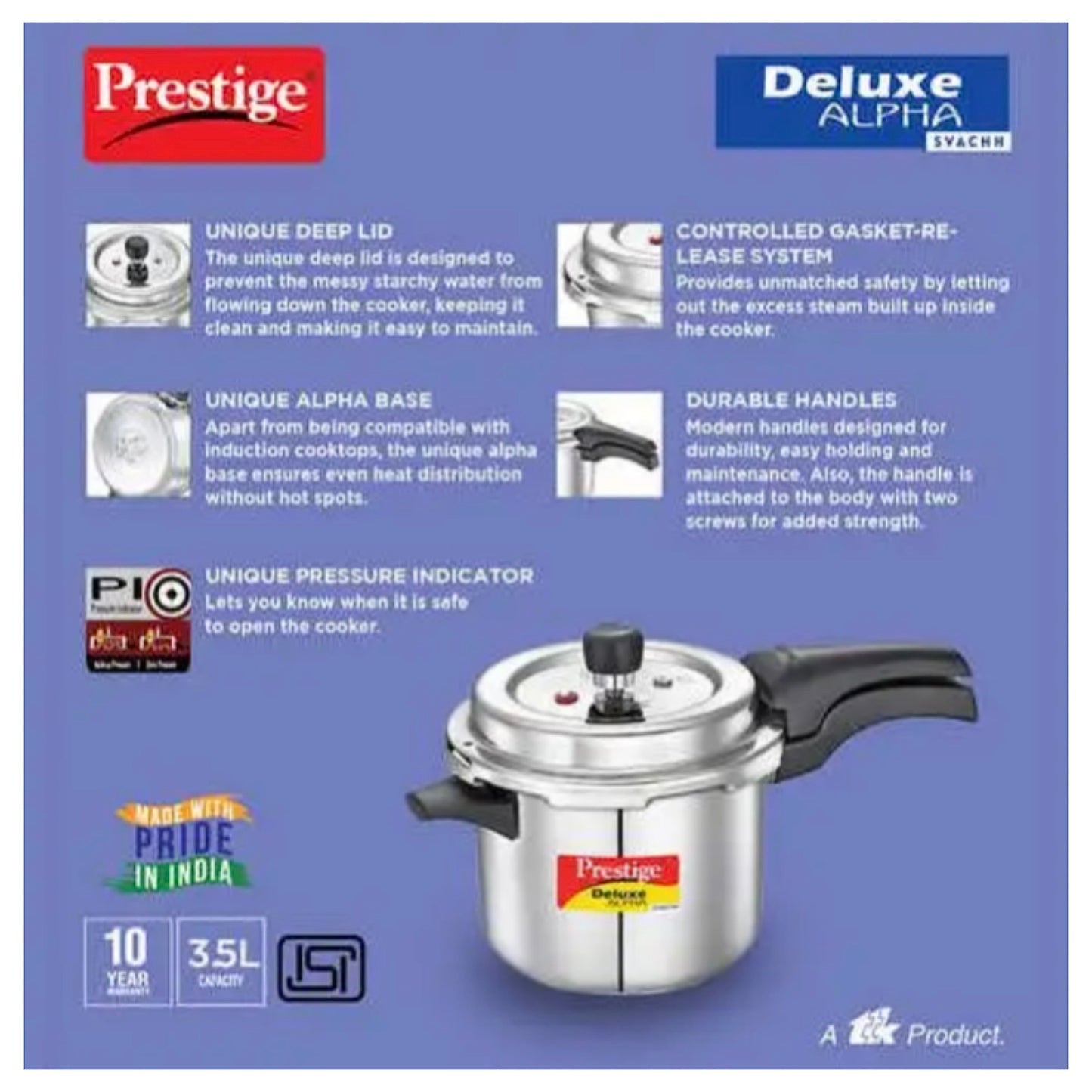 Prestige 3.5L Deluxe Alpha Svachh Stainless Steel Pressure Cooker