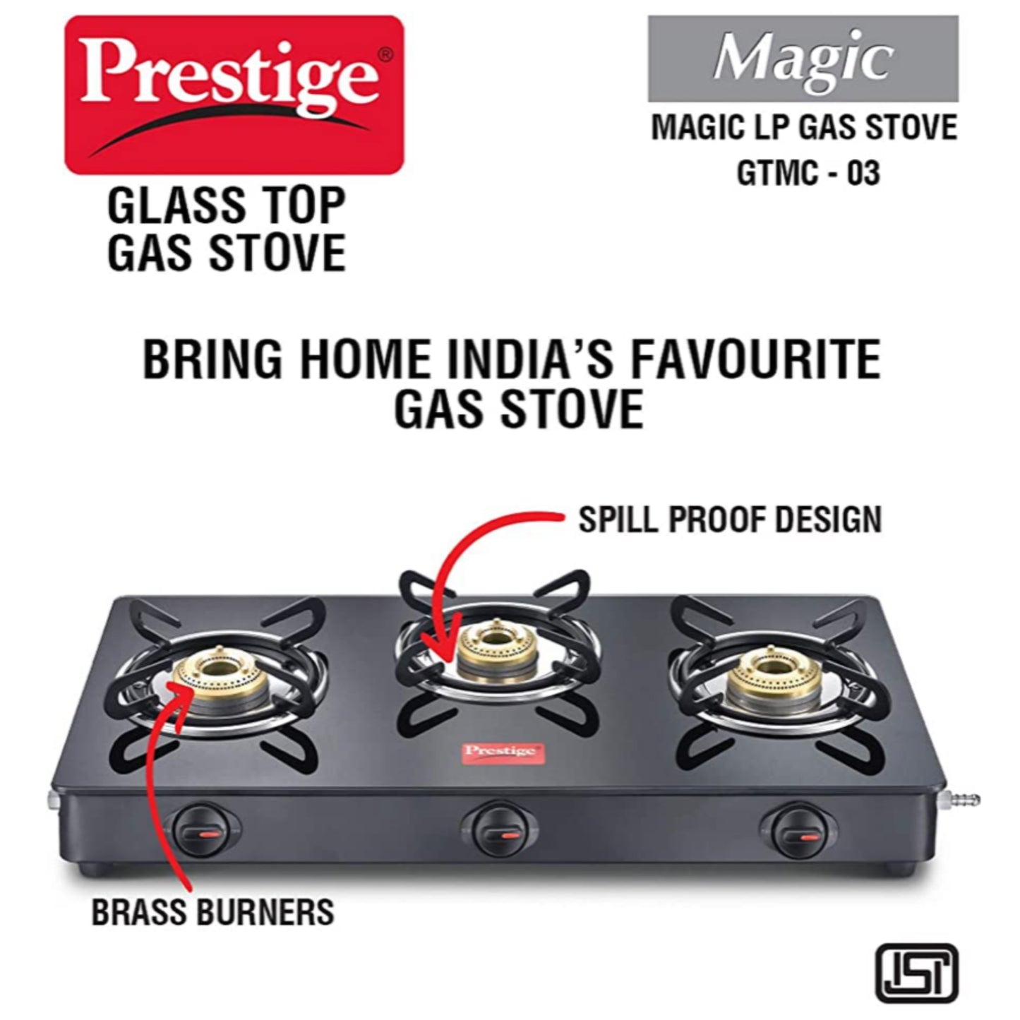 Prestige Magic Toughened Glass Top 3 Brass Burner Gas Stove
