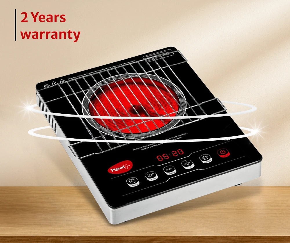 Pigeon EVA Infrared Induction Cooktop 2000W with BBQ Grill | Suitable for Flat Bottom Utensils – Cast Iron, Stainless Steel, Aluminium & Copper