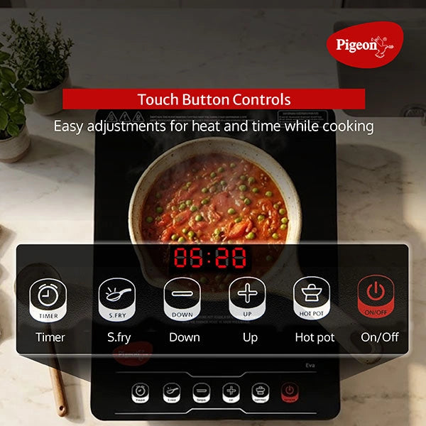 Pigeon EVA Infrared Induction Cooktop 2000W with BBQ Grill | Suitable for Flat Bottom Utensils – Cast Iron, Stainless Steel, Aluminium & Copper