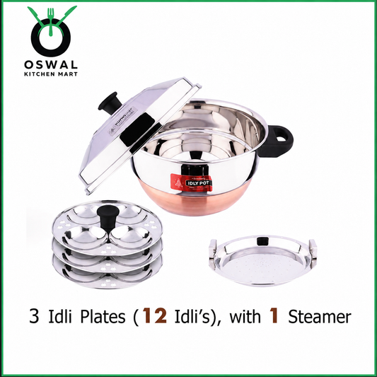 Eurostyle Heavy Copper Base Idli Steamer with Lid - ISI Mark Certified - 12 Idli Capacity / 3 Idli Plates + 1 Steam Plate - Durable Knobs & Handle /Gas Saving/Induction Friendly - Multipurpose Cookware for Idli, Dhokla, Modak & Serving More(Pack Of 1)