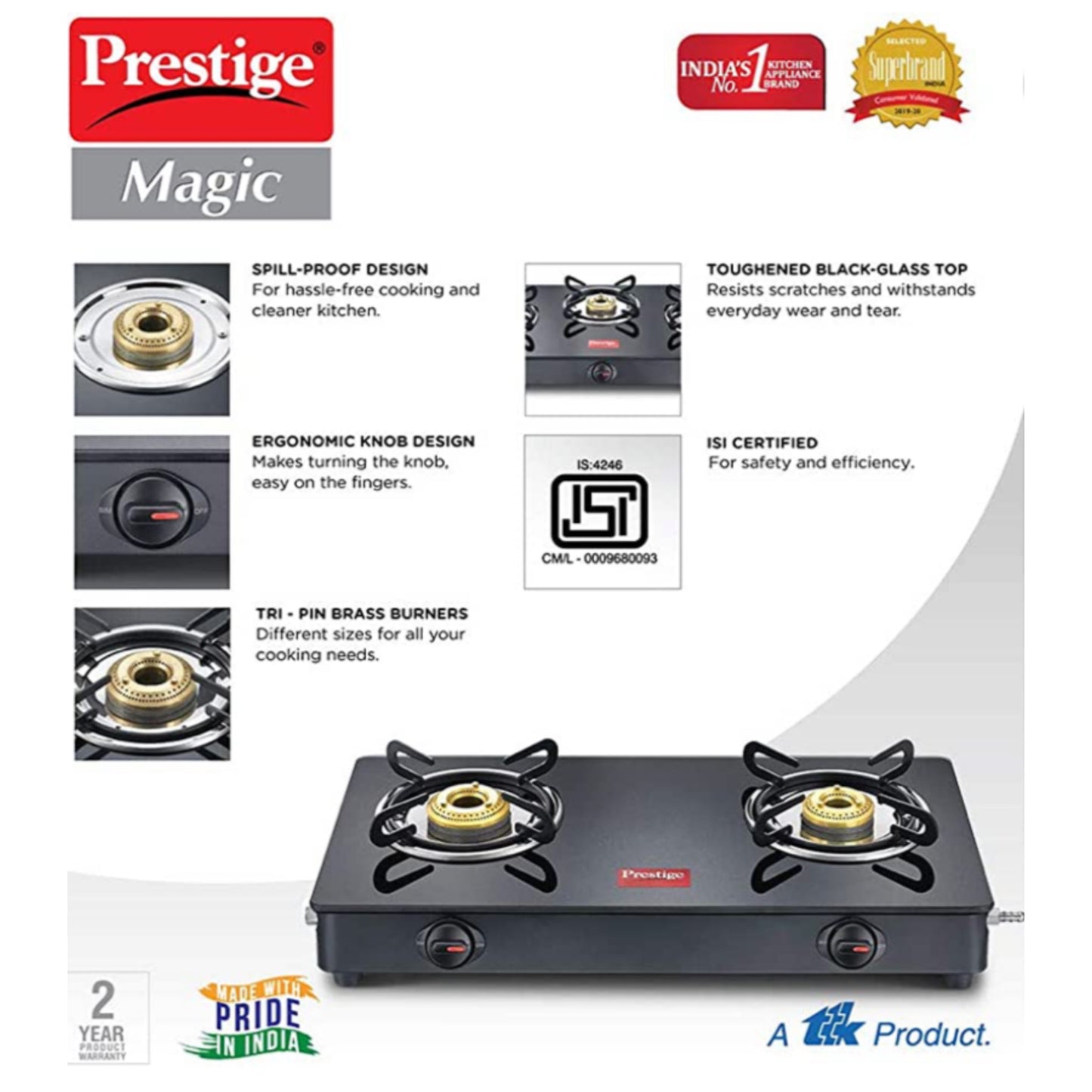 Prestige Magic Toughened Glass Top 2 Brass Burner Gas Stove