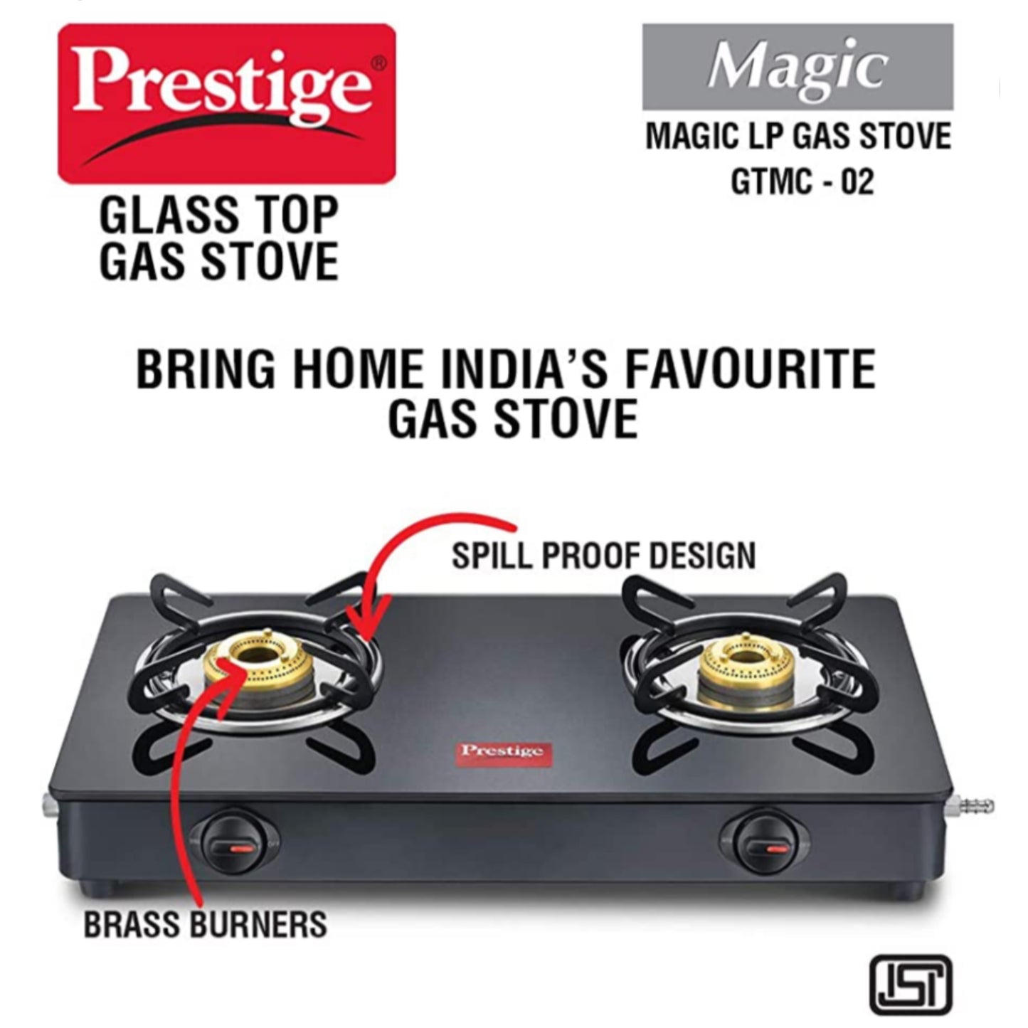 Prestige Magic Toughened Glass Top 2 Brass Burner Gas Stove