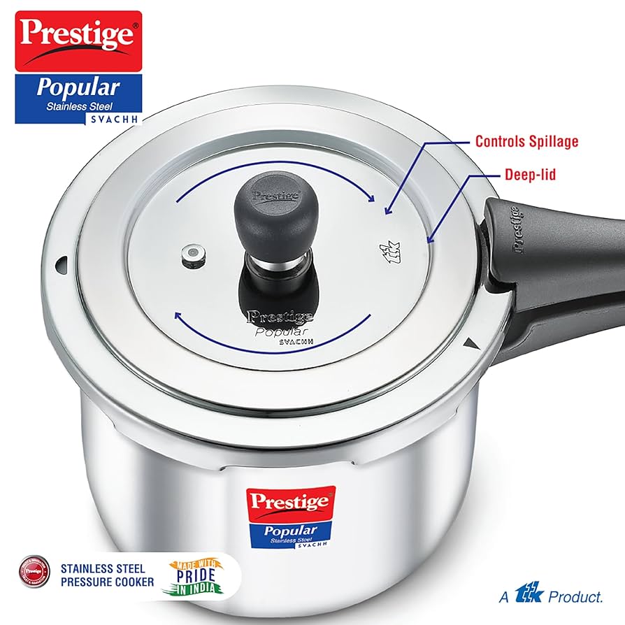 Prestige Popular Svachh Spillage Control Stainless Steel Outer Lid Pressure Cooker 7.5 Litres Gas & Induction Compatible|5 Years Warranty