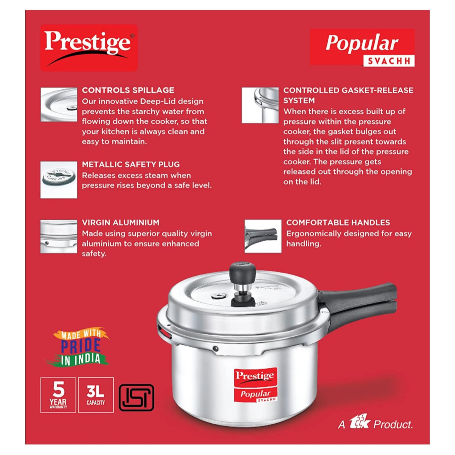 Prestige Popular Svachh Virgin Aluminium Spillage Control 3L Pressure Cooker