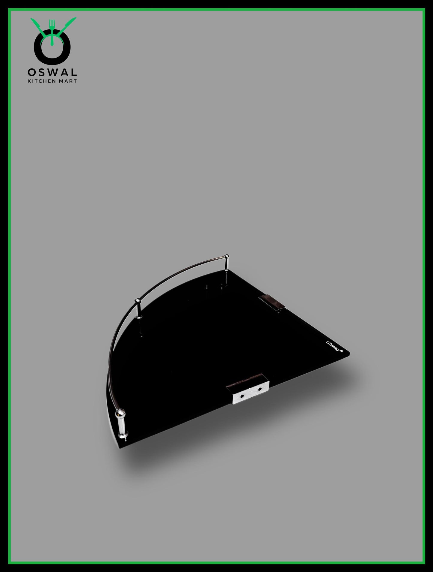 Chirag 10x10 Inch Black Acrylic Corner Shelf with Stainless Steel Railing – Pack of 1 | Bathroom Shelf & Accessories | Wall Mounted Rack for Kitchen, Office, Wash Area | Multipurpose Organizer