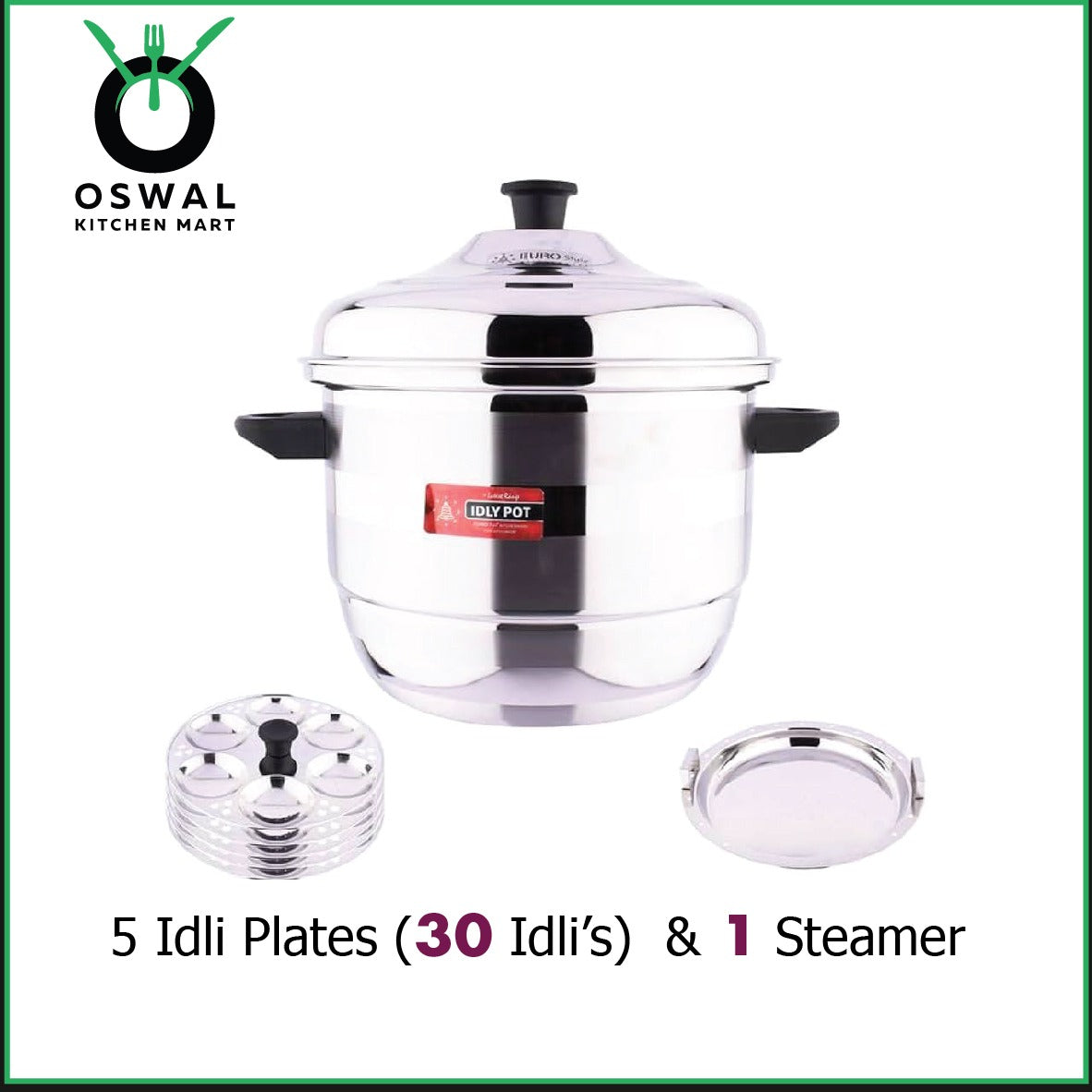 Stainless Steel Idli Steamer with 5 Idli Plates (30 Idlis)&1 Steamer Plate| ISI Mark Certified|Gas & Induction Compatible|Durable Knobs & Handle |EuroStyle Multipurpose Cookware for Idli,  Idiyappam, Dhokla,Modak & Serving More(Pack Of 1)
