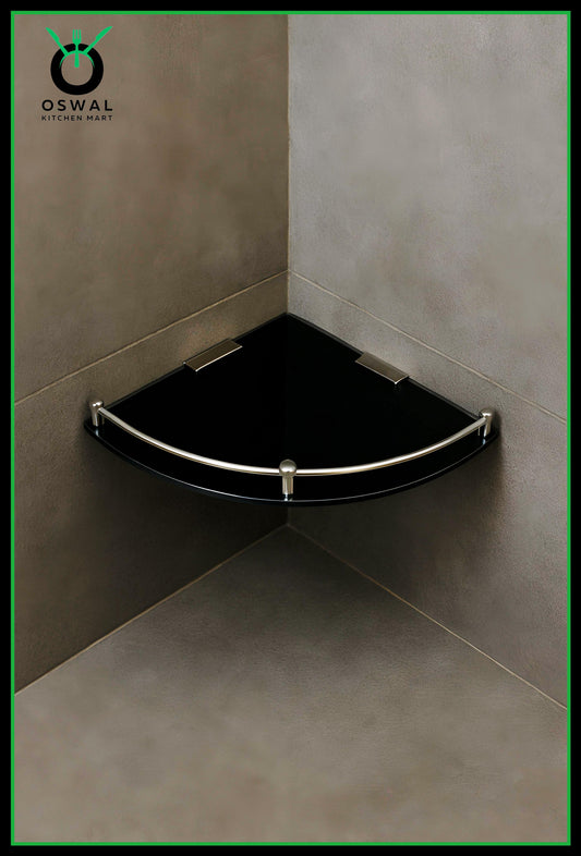 Chirag 8x8 Inch Black Premium Acrylic Corner Shelf with Stainless Steel Railing – Pack of 1 | Bathroom Shelf & Accessories | Wall Mounted Rack for Kitchen, Office, Wash Area | Multipurpose Organizer