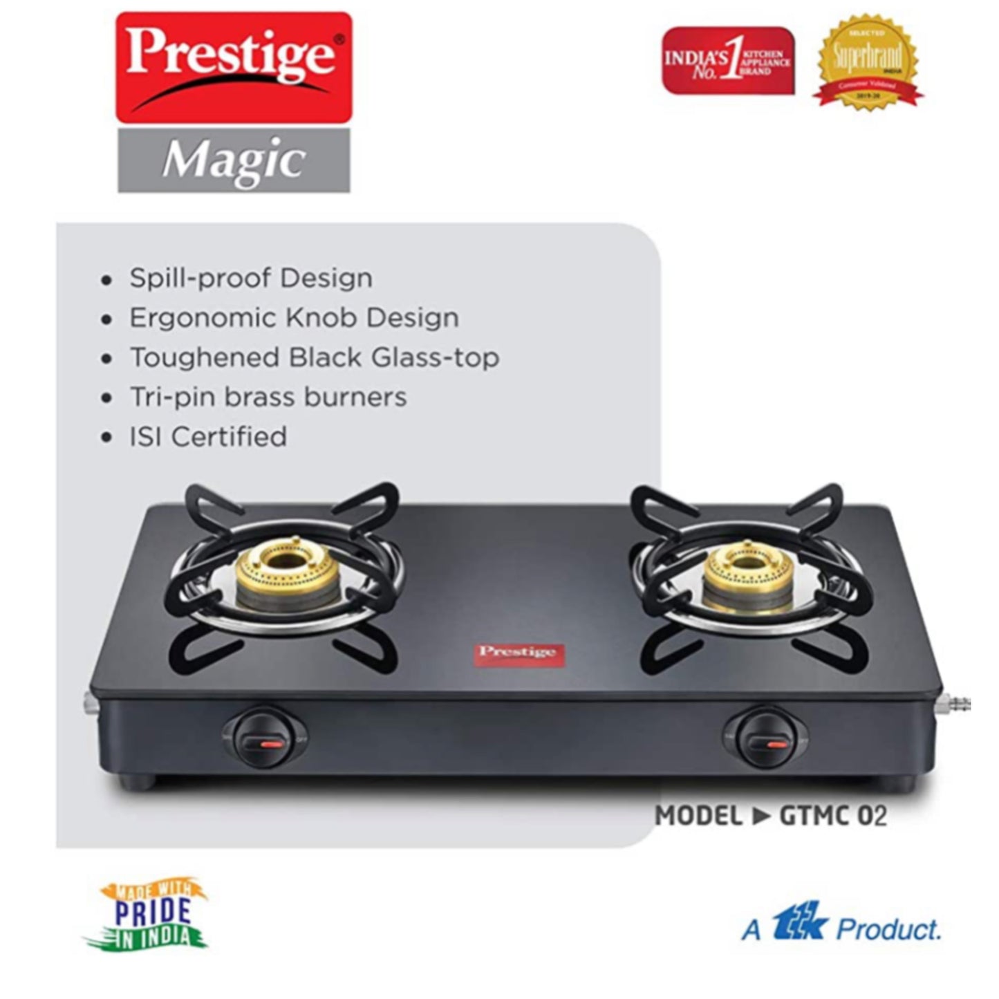 Prestige Magic Toughened Glass Top 2 Brass Burner Gas Stove