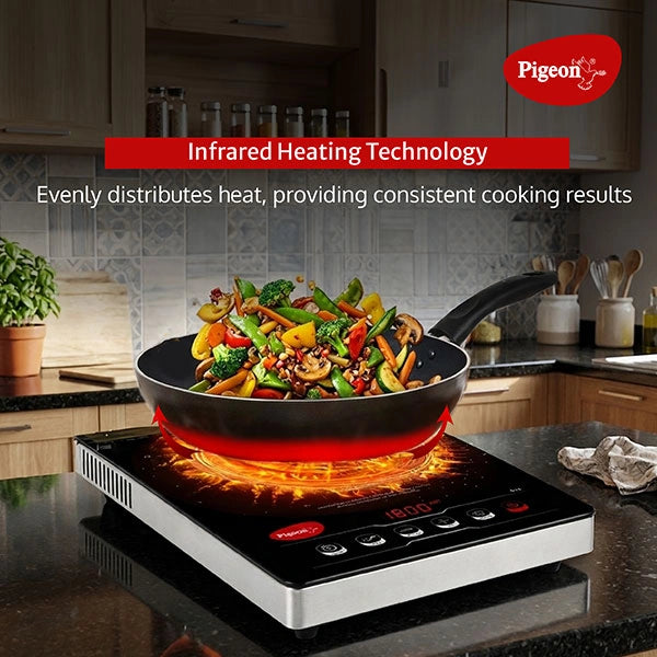 Pigeon EVA Infrared Induction Cooktop 2000W with BBQ Grill | Suitable for Flat Bottom Utensils – Cast Iron, Stainless Steel, Aluminium & Copper