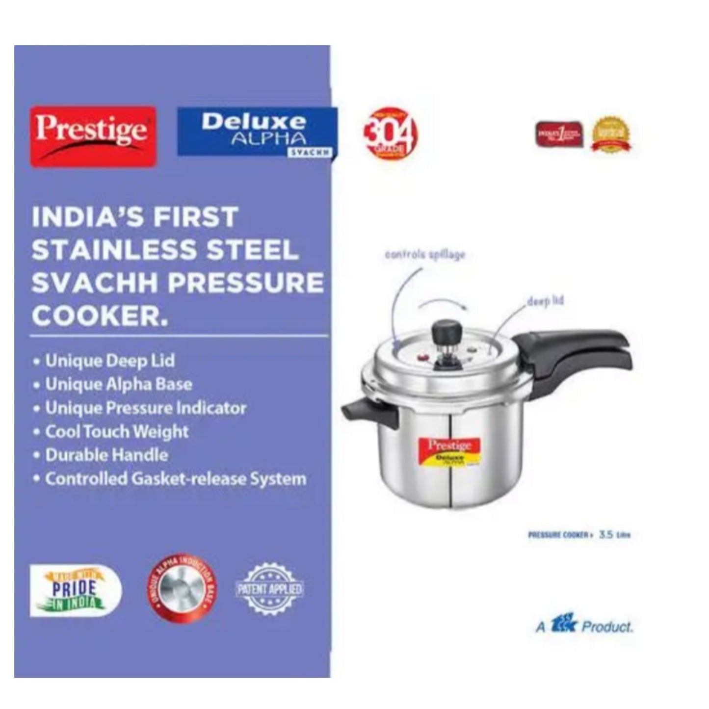 Prestige 3.5L Deluxe Alpha Svachh Stainless Steel Pressure Cooker