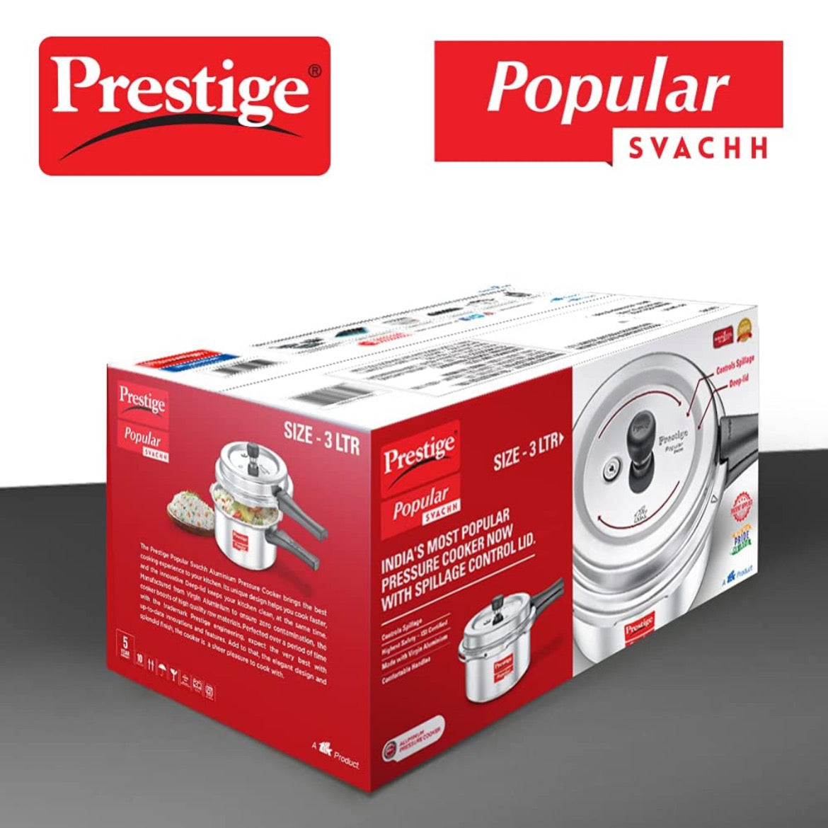 Prestige Popular Svachh Virgin Aluminium Spillage Control 3L Pressure Cooker