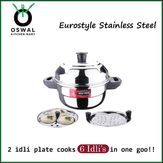 Eurostyle Premium Stainless Steel Idli, Idiyappam & Dhokla Steamer - ISI Mark Certified - (2Idli plates(6 idlis) +1 Steamer Plate) for Flawless Fluffy Idlis - 1.5L capacity - 3Years warranty (Pack Of 1)