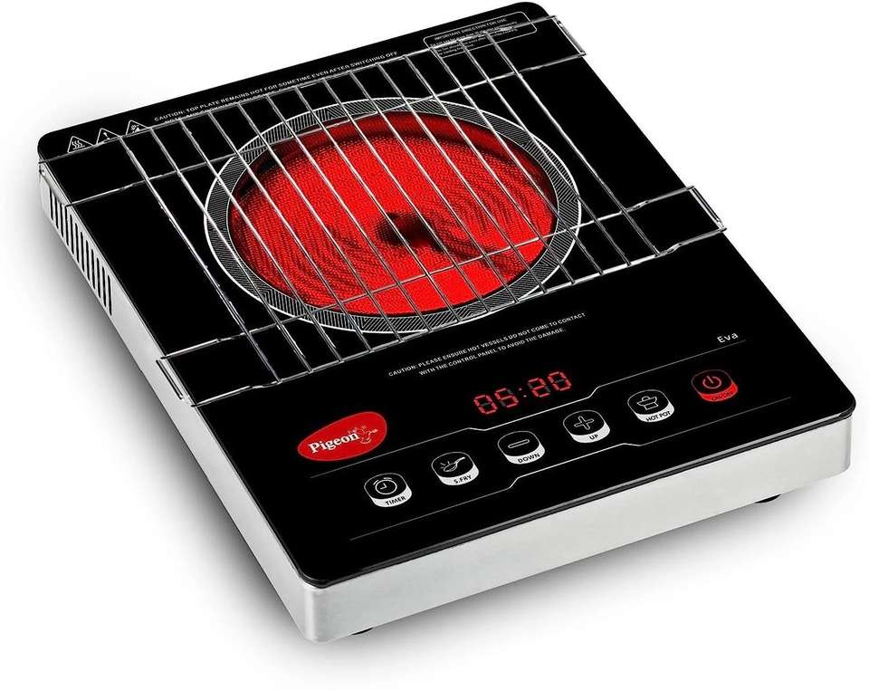Pigeon EVA Infrared Induction Cooktop 2000W with BBQ Grill | Suitable for Flat Bottom Utensils – Cast Iron, Stainless Steel, Aluminium & Copper