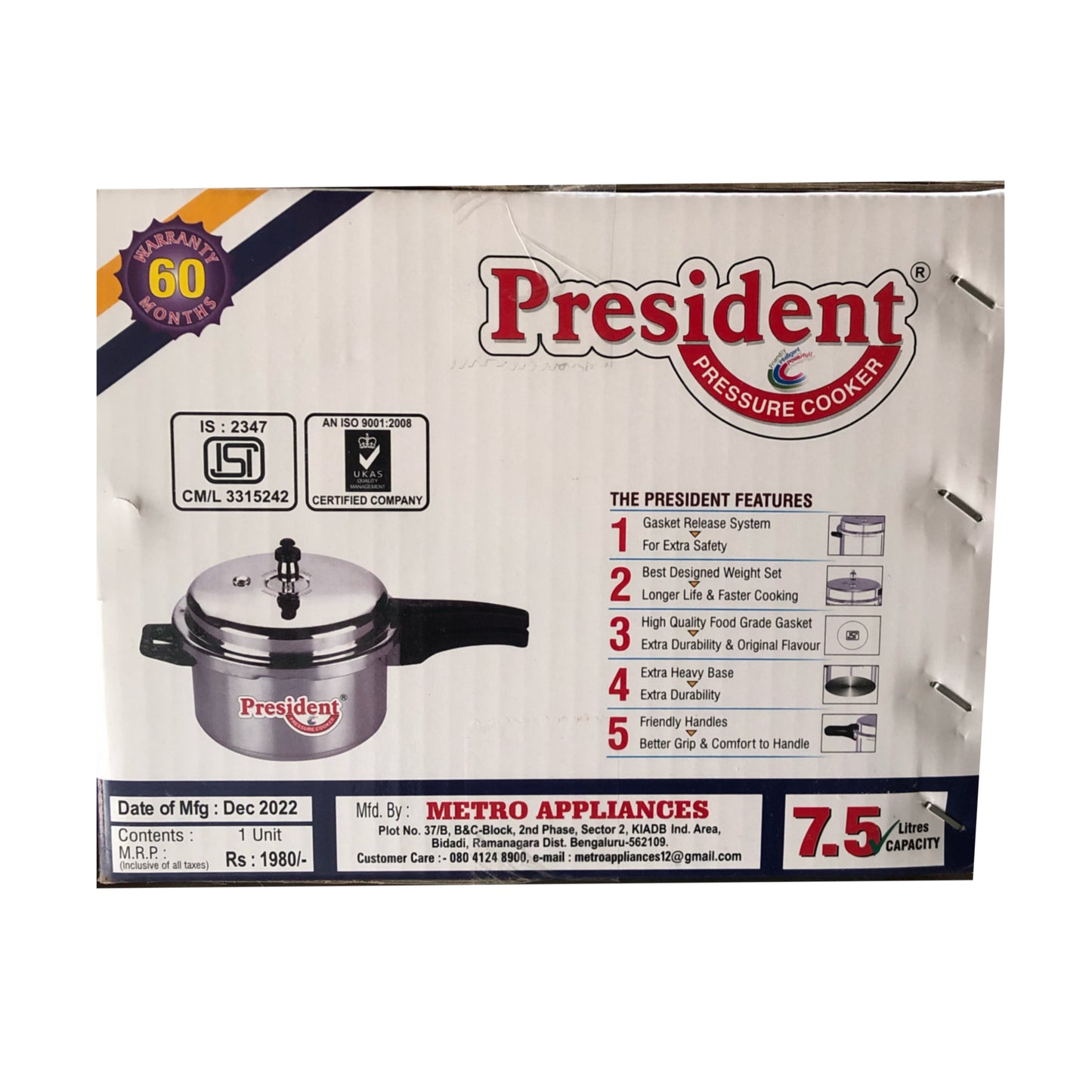 President 7.5L Pressure Cooker