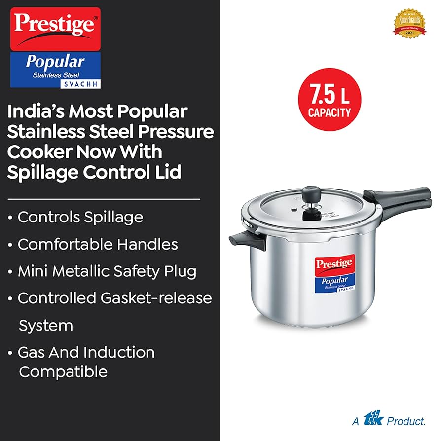 Prestige Popular Svachh Spillage Control Stainless Steel Outer Lid Pressure Cooker 7.5 Litres Gas & Induction Compatible|5 Years Warranty