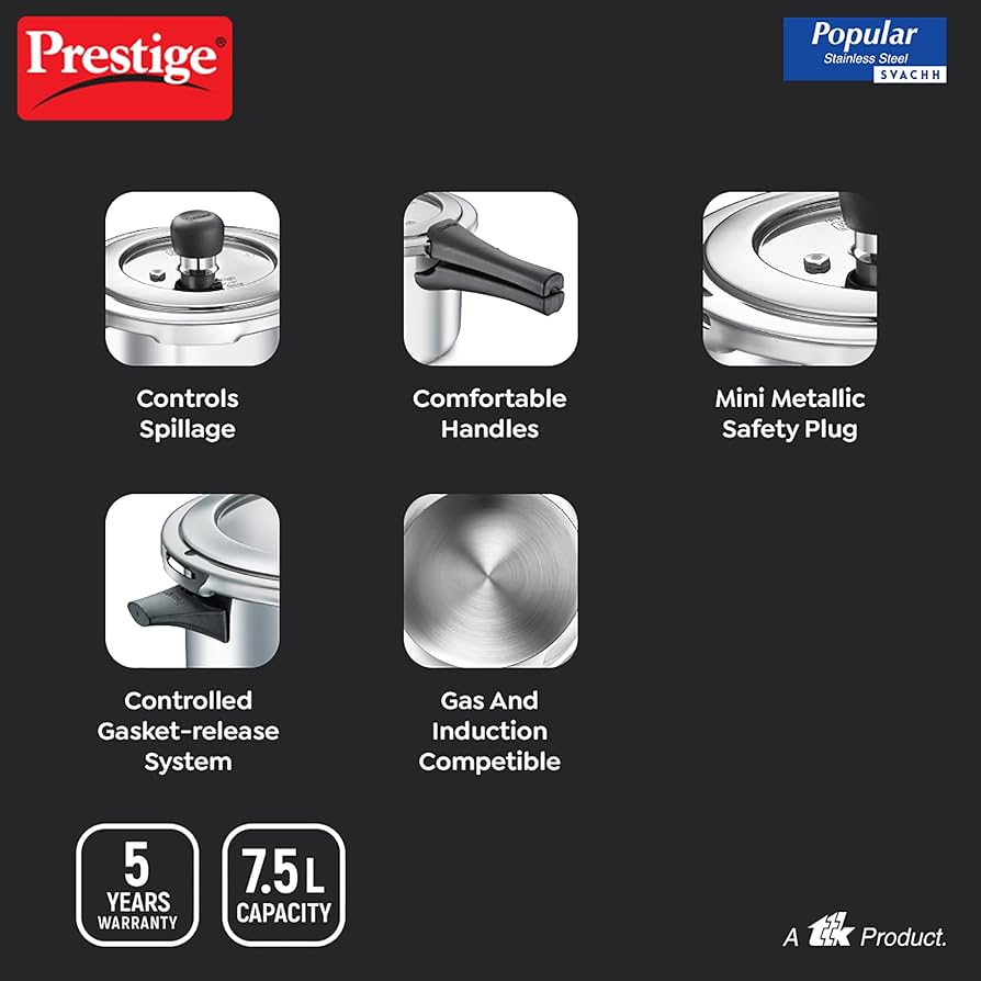 Prestige Popular Svachh Spillage Control Stainless Steel Outer Lid Pressure Cooker 7.5 Litres Gas & Induction Compatible|5 Years Warranty