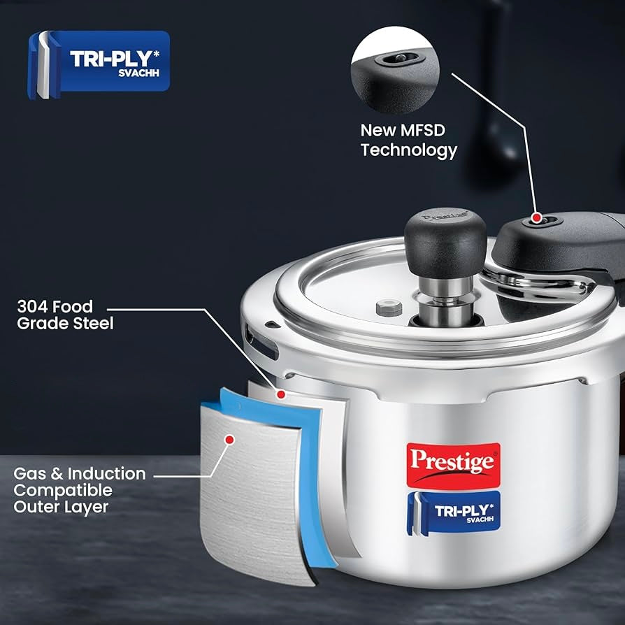 Prestige Svachh Triply Outer Lid Pressure Cooker with Unique Deep Lid for Spillage Control, 1.5 Litre,    304 Stainless Steel Inner Surface, Thick Gauge ,1.5 Litre