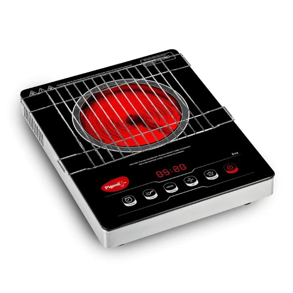 Pigeon EVA Infrared Induction Cooktop 2000W with BBQ Grill | Suitable for Flat Bottom Utensils – Cast Iron, Stainless Steel, Aluminium & Copper