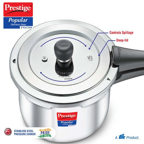 Prestige Popular Svachh Spillage Control Stainless Steel Outer Lid Pressure Cooker, 1.5 Litre