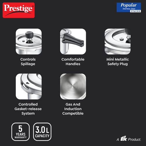 Prestige 3 L Popular Svachh Spillage Control Stainless Steel Pressure Cooker, 3 Litres
