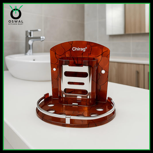 Chirag Marble Wenge Tumbler Holder with Stainless Steel Railing– Wall Mounted Bathroom Organizer (Pack of 1)