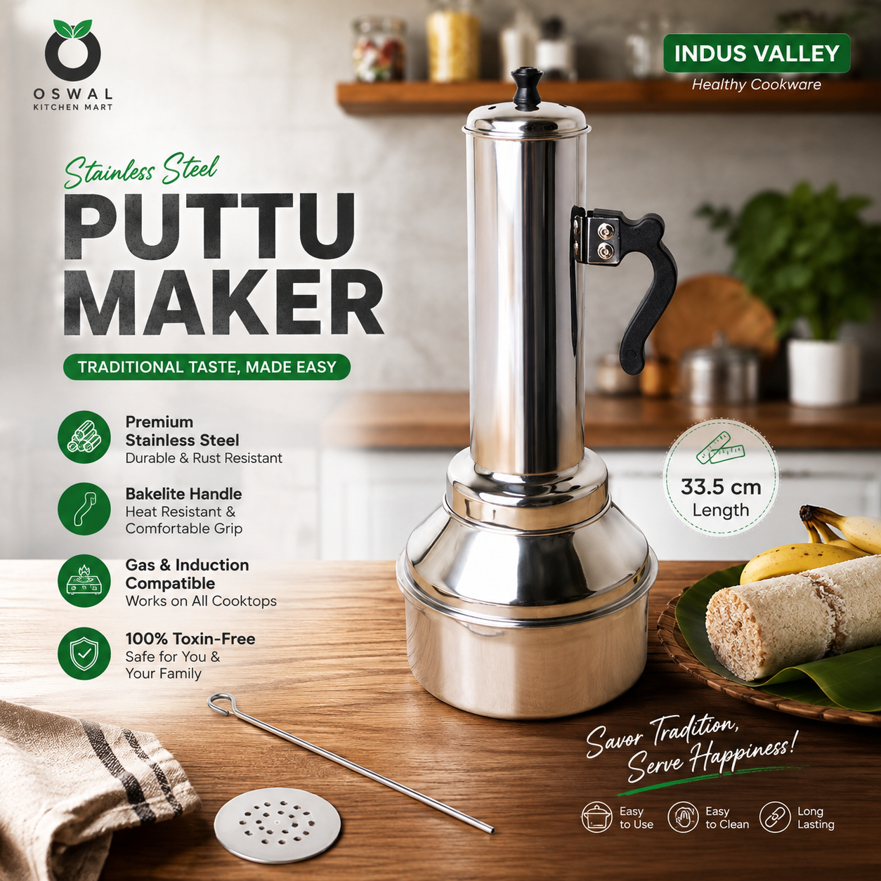 Indus Valley Stainless Steel Puttu Maker | Gas & Induction Compatible |  Length-33.5cm (Pack Of 1)