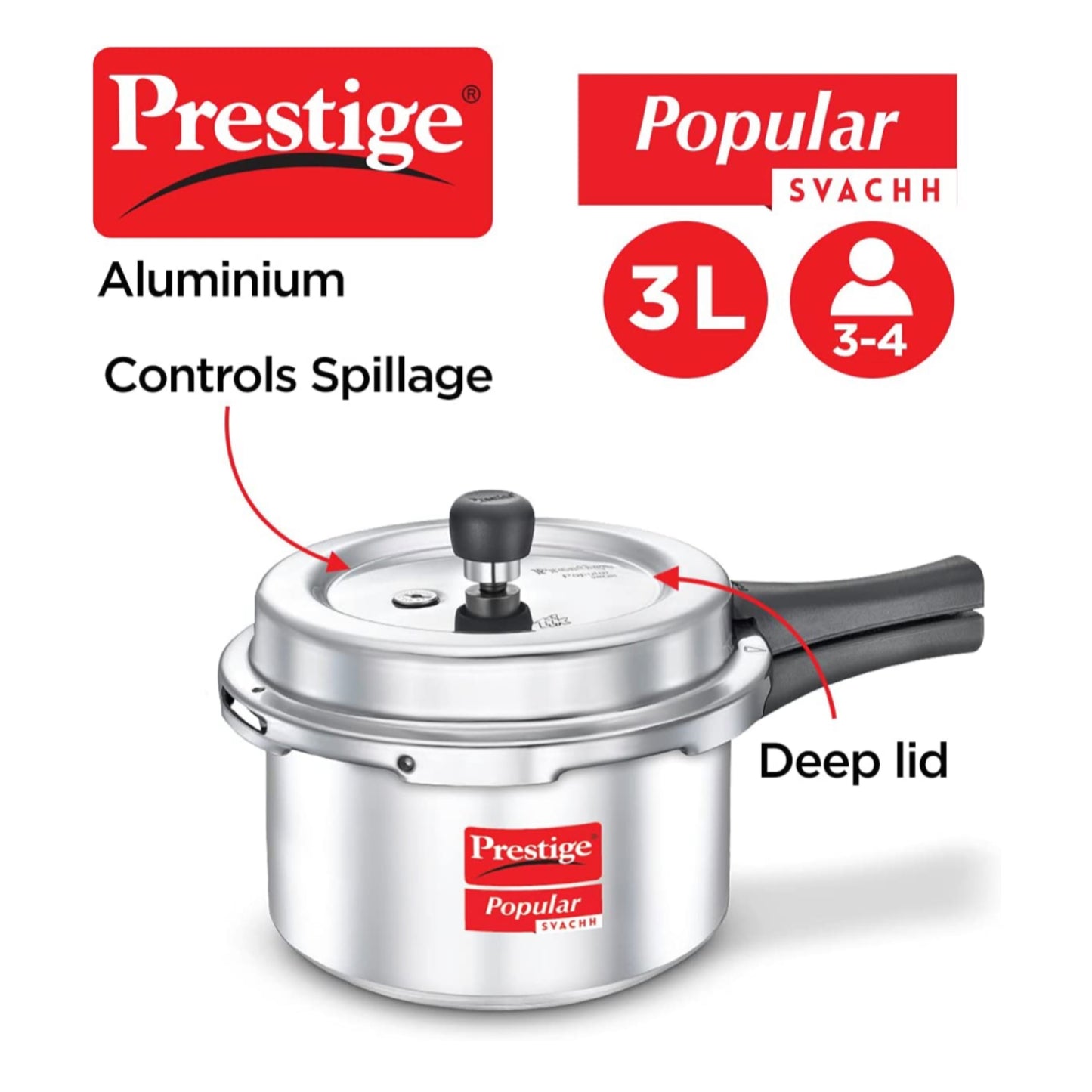 Prestige Popular Svachh Virgin Aluminium Spillage Control 3L Pressure Cooker