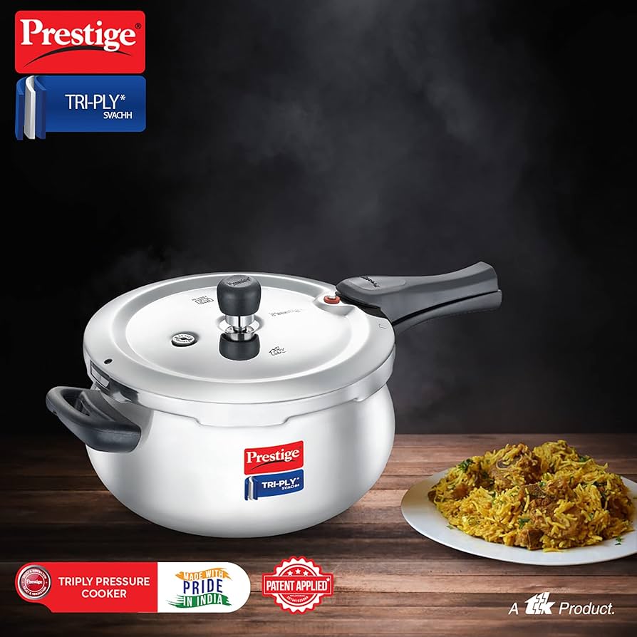Prestige 3 Litre Svachh Tri-Ply handi pressure cooker(outer lid)|Deep Lid for spillage control|Metallic Safety Plus|5 years warranty
