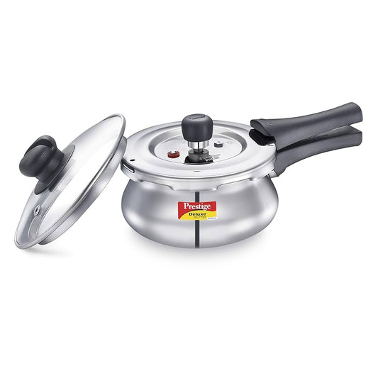 Prestige Deluxe Alpha Svachh Stainless Steel Pressure Cooker Handi 1.5L With Glass Lid (With Deep Lid For Spillage Control )