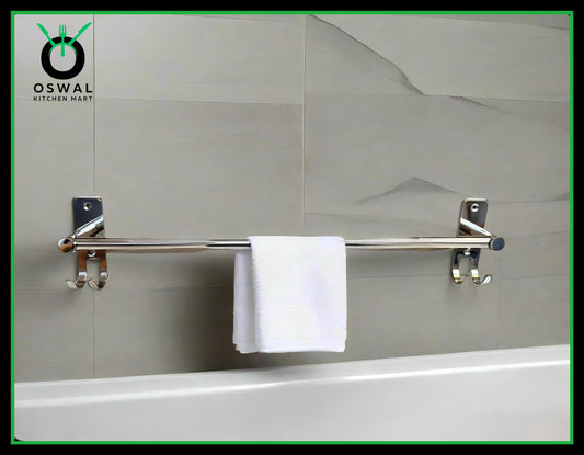 Stainless Steel Towel Rod with Double Hooks – 18-Inch Wall Mounted Hanger for Bathroom
