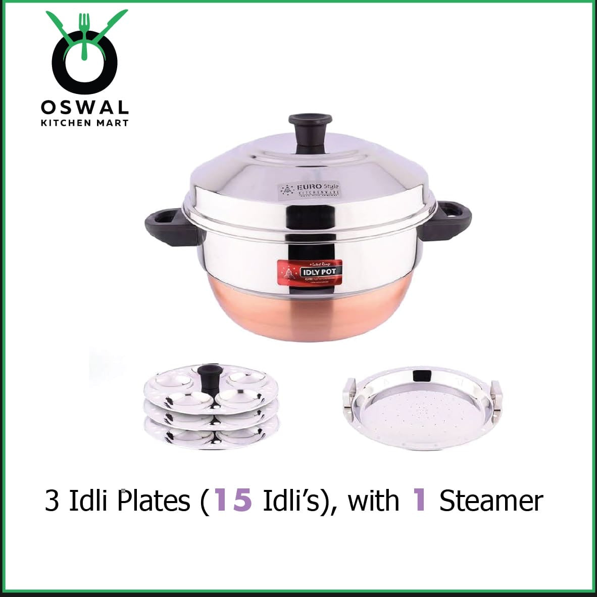 Eurostyle Heavy Copper Base Idli Steamer with Lid - ISI Mark Certified - 15 Idli Capacity / 3 Idli Plates + 1 Steam Plate - Durable Knobs & Handle /Gas Saving/Induction Friendly - Multipurpose Cookware for Idli, Dhokla, Modak & Serving More(Pack Of 1)