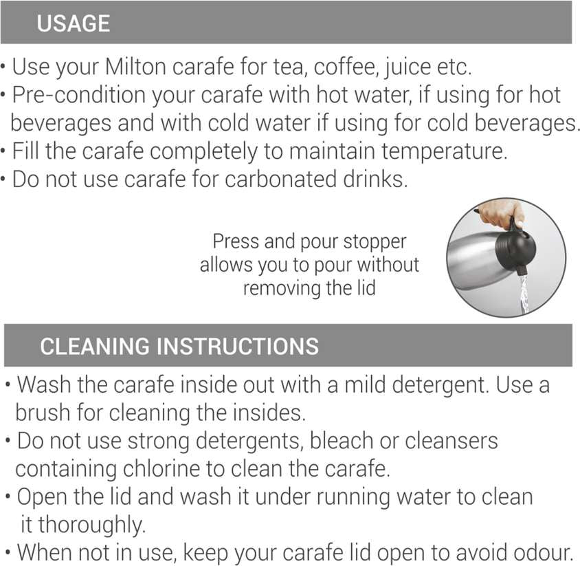 Milton Carafe 600 Stainless Steel Double Walled Vacuum Insulated Flask with Lid and Handle, 600 ml, Coffee/Tea Carafe Heat & Cold Retention, Leak Proof, Rust Free, Easy to Carry