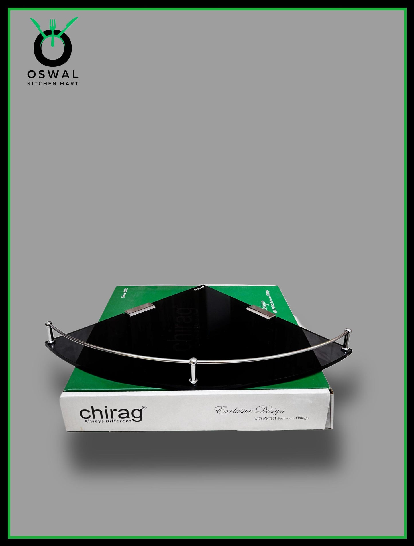 Chirag 10x10 Inch Black Acrylic Corner Shelf with Stainless Steel Railing – Pack of 1 | Bathroom Shelf & Accessories | Wall Mounted Rack for Kitchen, Office, Wash Area | Multipurpose Organizer